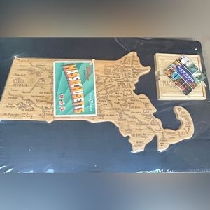 Totally Bamboo Massachusetts State Cutting Board & Puzzle Coaster Set NWT